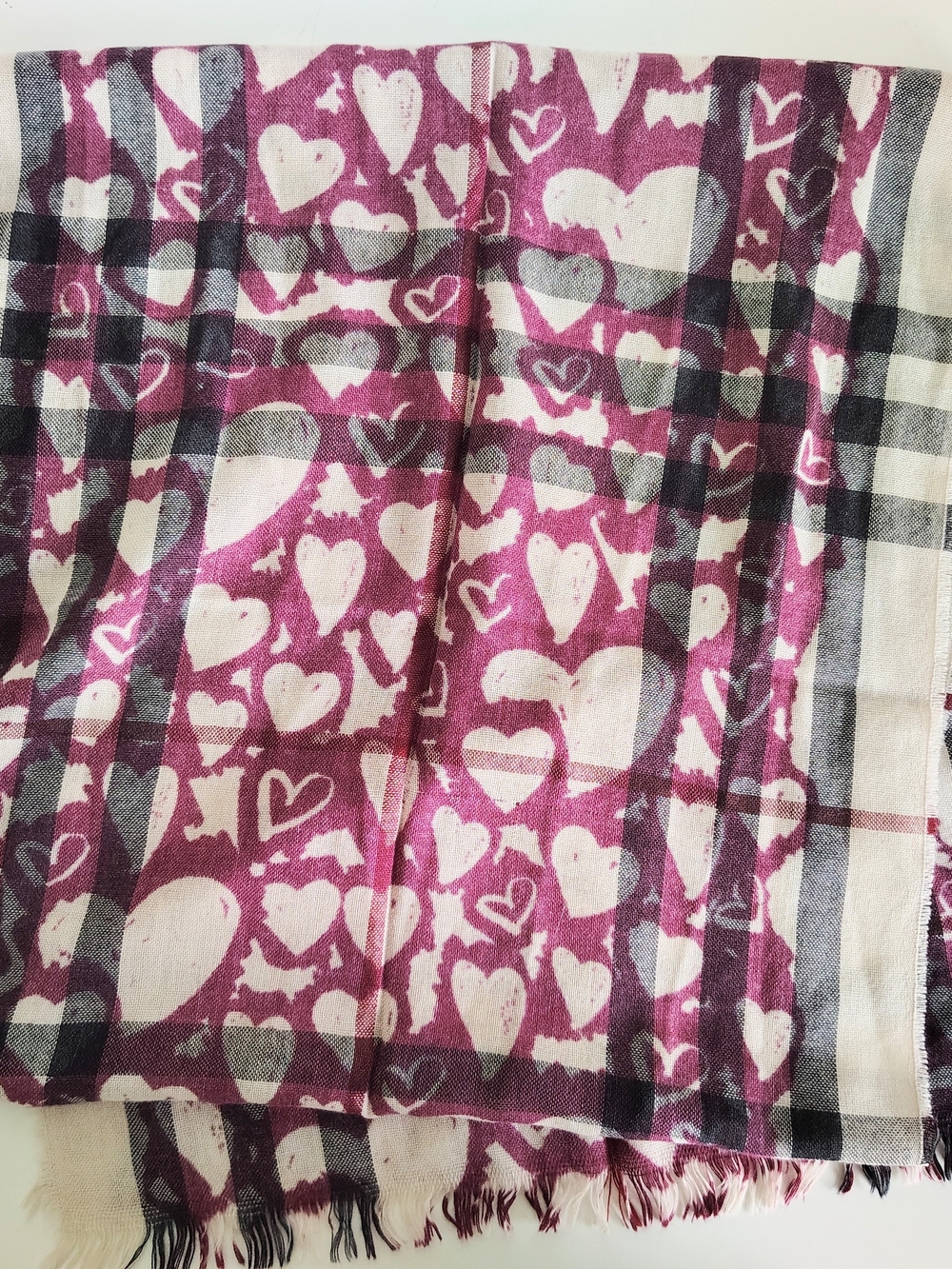 Retired Burberry Purple Heart Print Nova Check Lightweight Wool & Cashmere Scarf